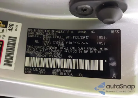 2022 Toyota Sienna Le z USA, uszkodzony, nr VIN 5TDKSKFC1NS062933